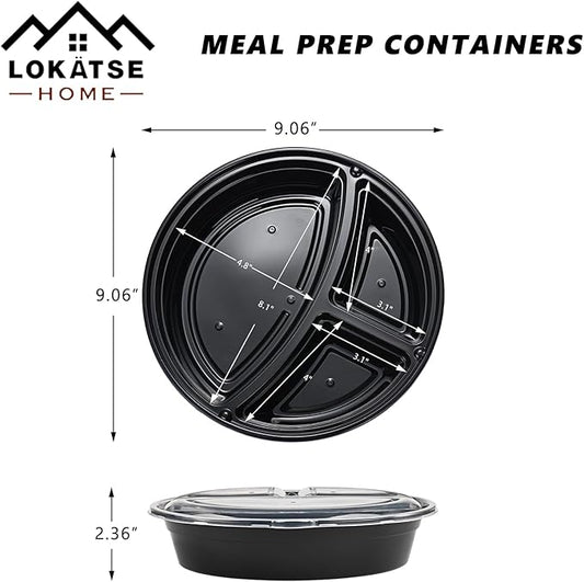 LOKATSE HOME Meal Prep Container Microwave Safe 48 Pack 3 Compartment with Lids, Round Bento Box, Food Storage Durable Stackable Reusable, BPA Free, Freezer, Dishwasher Safe (33 oz)
