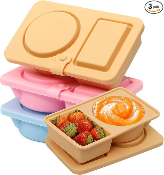 3 Pack Silicone Reusable Snack Containers with Lids, Double Compartment Snackle Box Containers, Salad Dressing Sauce Seasoning Container, Small Mini Food Snack Boxs for Travel, Office, Picnic,School