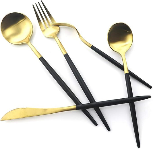 20-Piece Matte Gold & Black Handle 18/10 Stainless Steel Flatware Set, Titanium Cutlery for Home & Restaurant, Dishwasher Safe