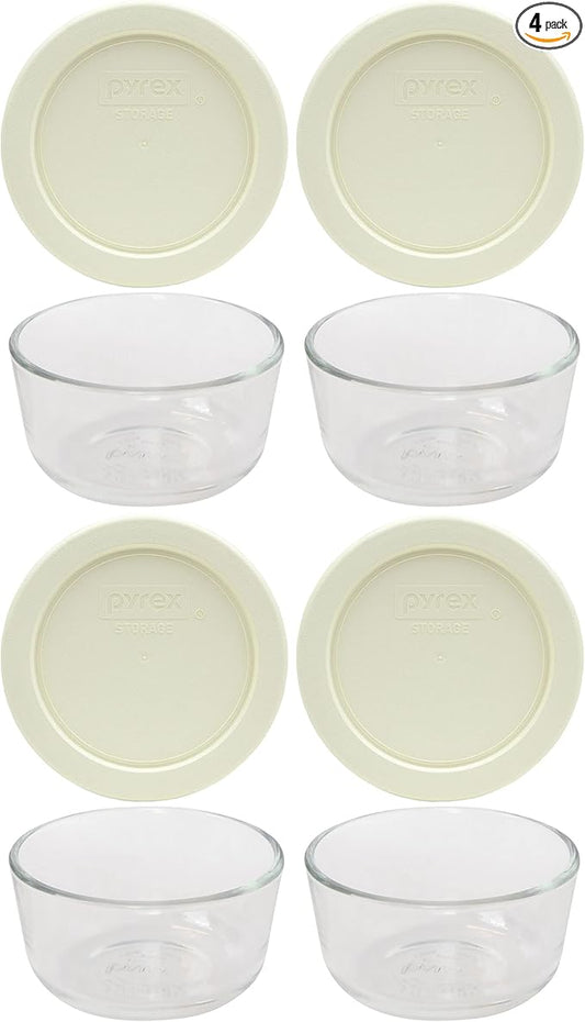 Pyrex 7202 1-Cup Glass Bowls & 7202-PC Sour Cream Lids (4-Pack) - Made in USA