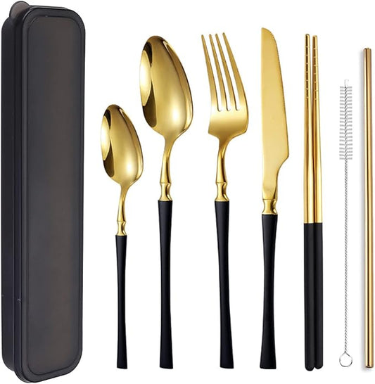 AARAINBOW 7 Pieces Stainless Steel Flatware Set Portable Reusable Cutlery Set Travel Utensils Set Including Chopsticks Knife Fork Spoon Straws Cleaning Brush Dishwasher Safe (B-Black Golden)