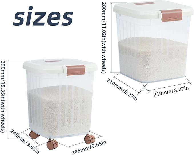 2PCS Airtight Flour Sugar Storage Containers with Lids, Easy to Move, Plastic Rice Cereal Grain Pet Food Bin with Wheels for Kitchen Pantry Organization (20lbs & 30lbs)