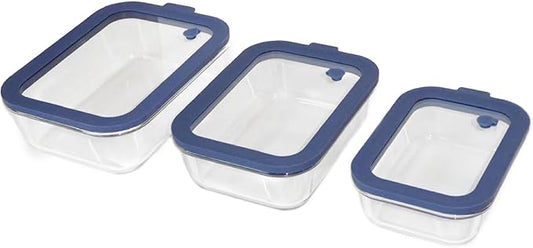 Sio GLASS storage containers with GLASS lids, NO PLASTIC, Set of 3, Airtight Small Medium Large for Food Meal Prep, Silcone Bowl Container (Blue)