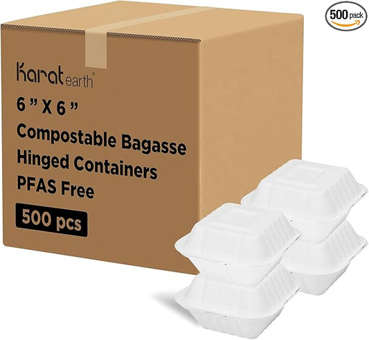 KARAT EARTH Clamshell Take Out Food Containers [6"x6", 500 ct ] Compostable To Go Containers, Natural Biodegradable Bagasse, Made of Sugarcane Fibers | White