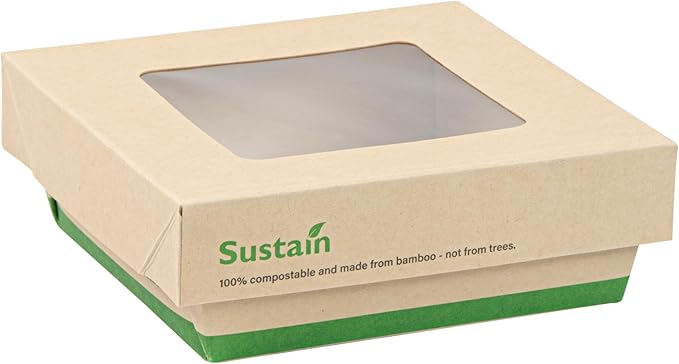 Restaurantware-13 Ounce Sturdy Paper Take Out Boxes, 200 Disposable Take Out Food Containers - With PLA lining, Paper Lid With Clear PLA Window, Bamboo Paper Containers, Compostable, Greaseproof