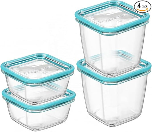 Bormioli Rocco Frigoverre Future Glass Kitchen Storage Containers, Set of 4-25.25 oz & 14.25 oz Food Jars with Lids - Airtight Glass Containers for Pantry Organization, Lunch, Meal Portioning