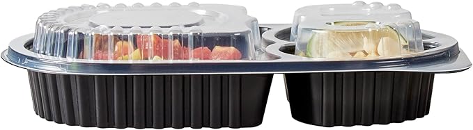 Restaurantware RW Base 19 Ounce Meal Prep Containers, 100 Microwavable To Go Containers With Lids - 3 Compartments, Disposable, Black Plastic Oval Food Containers, For Hot And Cold Food, Freezable