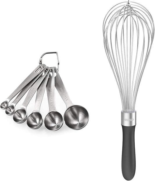 18/8 Stainless Steel Measuring Spoons Set for Dry and Liquid Ingredients (Set of 6), and 18/10 Stainless Steel Balloon Whisk for Kitchen Cooking with 12 Flex Wires (Black)