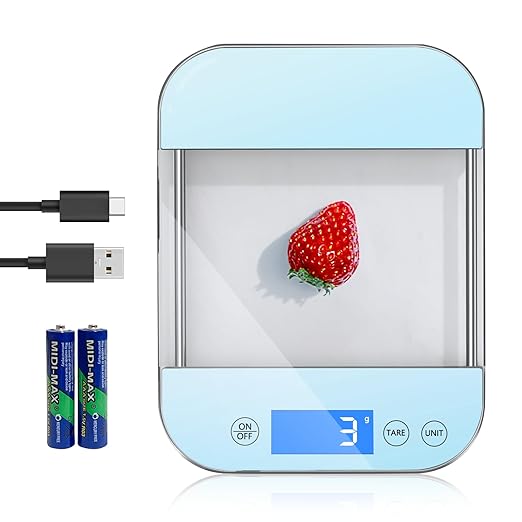 AZC Rechargeable Food Scale Digital Weight Grams and Oz, [Max 33lb Min 5g], Full Waterproof Temepered Glass Panel, Crystal Clear Design for Kitchen Scale, Clear Blue
