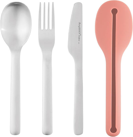 BergHOFF Leo Premium 18/10 Stainless Steel 4Pc Reusable Travel Flatware Set Knife Spoon Fork Sleeve with Silicone Sleeve Dishwasher safe, Pink