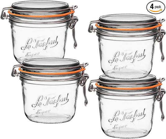 Le Parfait Super Terrine Jar | 16oz/ Pint (Pack of 4) 500ml French Glass Jar, Airtight Rubber Seal & Glass Lid | Glass Jars for Kitchen Organization and Storage Containers for Kitchen Essentials