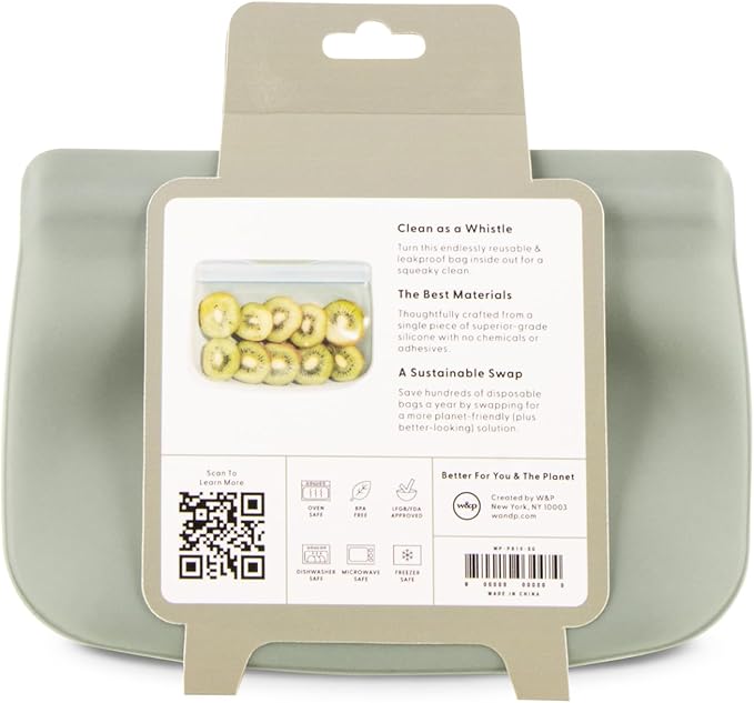 W&P Porter Silicone Reusable Storage Bag, Sandwich (10oz Flat), Sage, Food Storage Container, Microwave and Dishwasher Safe, Easy Cleaning