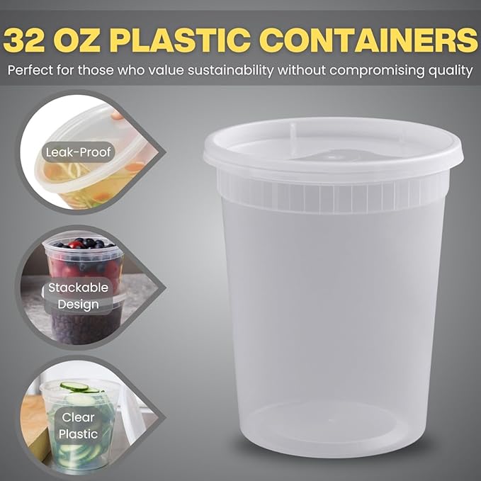 Plastic Deli Containers with Lids Combo Set, 32oz 16oz 8oz Food Storage Containers with Lids, Stackable, Leakproof, BPA Free, Microwave and Freezer Safe for Meal Prep, Salad, Snacks.