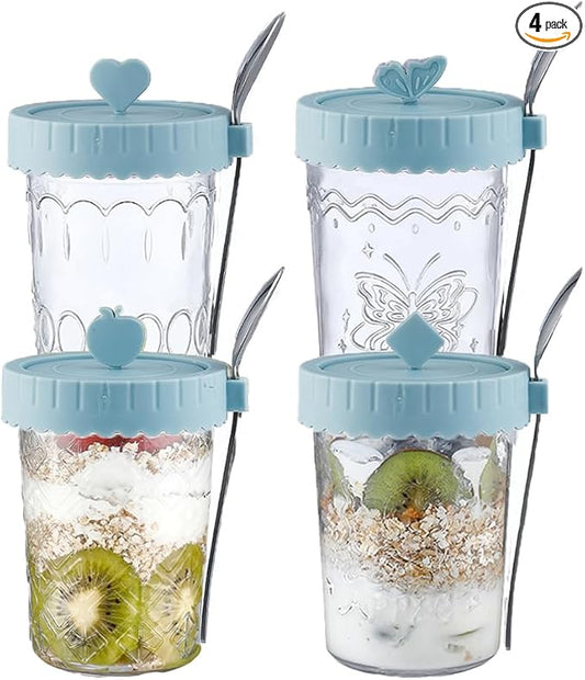 20 OZ Glass Overnight Oats Containers with Lids and Spoons, 4 Pack Wide Mouth Glass Mason jars with Airtight Lids, Meal Prep Jars for Fruit, Cereal, Yogurt, Fridge Dishwasher Safe (Blue)