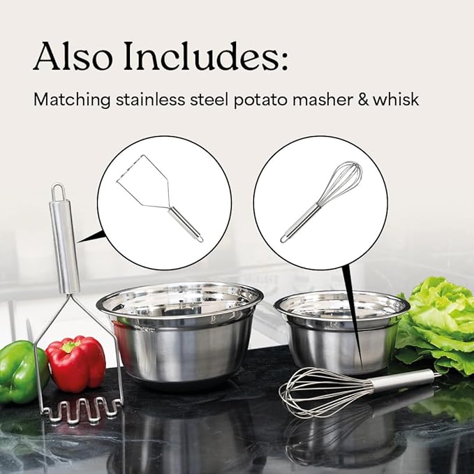 WHYSKO® Stainless Steel Mixing Bowls With Lids Plus Stainless Steel Whisk, Potato Masher and Grater Lids, 5 Nesting Mixing Bowls And Kitchen Tools for Meal Prep, Cooking, Baking, Serving, Food Storage