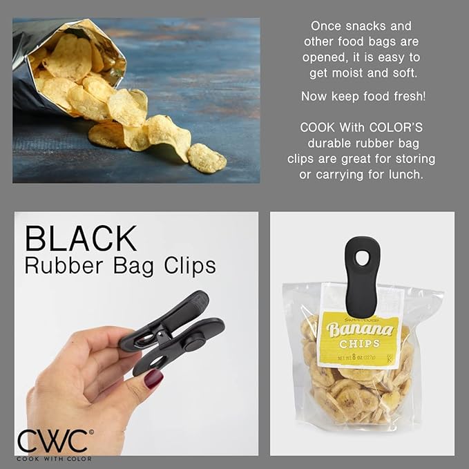 COOK WITH COLOR Cute Bag Clips - Magnetic Food Clips for Bags - Airtight Seal for Food Storage, Black, Pack of 10