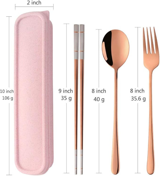 3 Piece Portable Flatware Set, Chopsticks, Fork and Spoon with Travel Case, Rose Gold