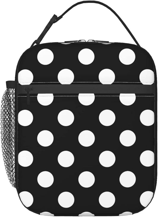 YETTA YANG Polka Dot Black And White Portable Lunch Bag Insulated Lunch Box Reusable Totes For Women Men Work Picnic Camping