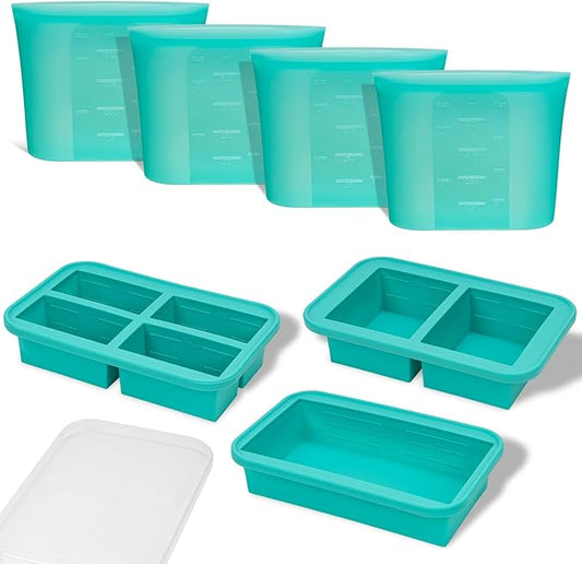 Bundle of 4 Pack 100% Silicone Reusable Food Storage Bags 16oz Aqua + 3 Pack Silicone Freezer Trays with Lids Aqua