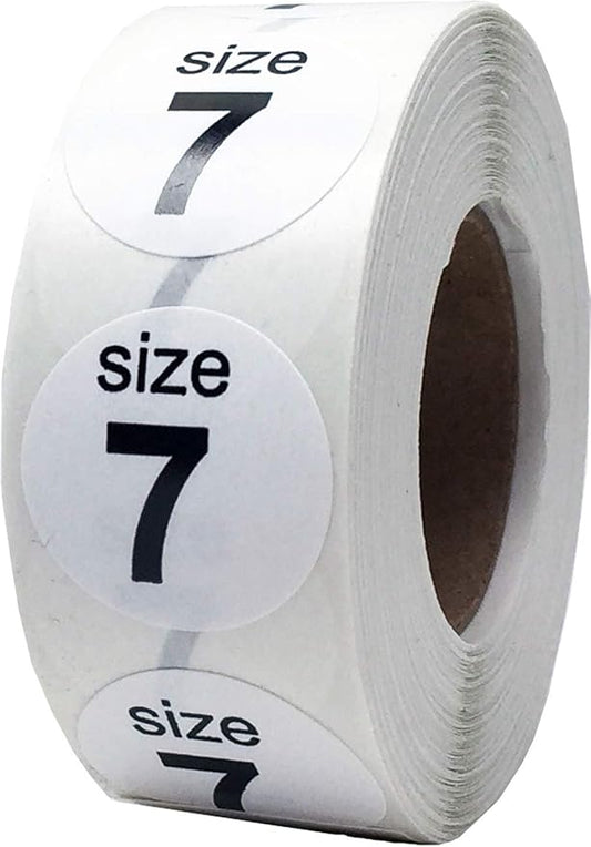 Shoe Size 7 White Stickers - 3/4 Inch Round, 500 Semi-Gloss Adhesive Labels Per Roll for Retail, Footwear Inventory, and Organization - Made in The USA