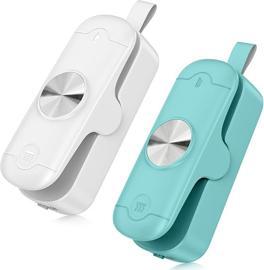 2 Pack Mini Bag Sealer, 2 in 1 Sealer and Cutter, Portable Heat Sealer Machine, Chip Heat Resealer for Snacks & Food Storage, Green/White (Batteries Included)