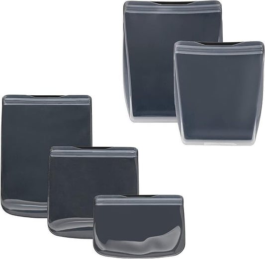 W&P Porter Silicone Reusable Storage Bags, Variety 5 Pack (10oz, 34oz, 46oz, 36oz, 50oz), Charcoal, Food Storage Container, Microwave and Dishwasher Safe, Easy Cleaning