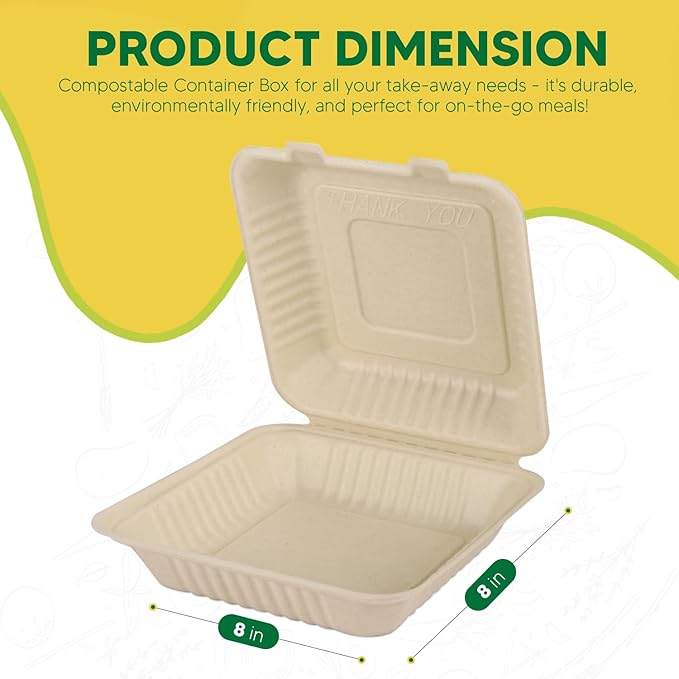Compostable Clamshell Food Box with Lid (8x8 inch) 150-Pack | Disposable Plates | Made of Biodegradable Sugarcane Bagasse | Heavy-Duty Eco-Friendly Takeout Containers | Natural Brown