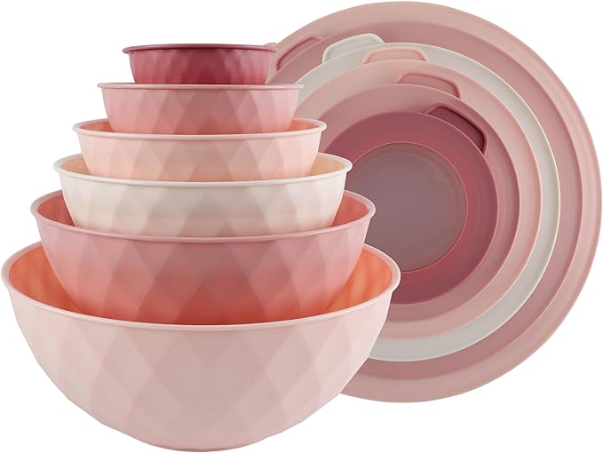 COOK WITH COLOR Mixing Bowls with Lids - 12 Piece Plastic Nesting Bowls Set includes 6 Prep Bowls and 6 Lids, Non Slip Bottom and Diamond Design - Microwave Safe (Mint)