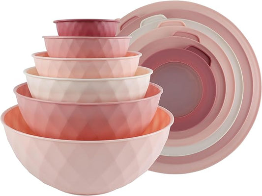 COOK WITH COLOR Mixing Bowls with Lids - 12 Piece Plastic Nesting Bowls Set includes 6 Prep Bowls and 6 Lids, Non Slip Bottom and Diamond Design - Microwave Safe (Mint)