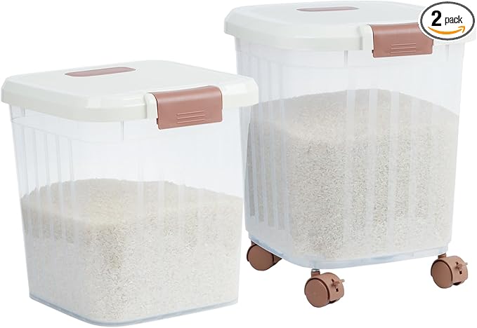 PENCK Airtight Flour Storage Bin Plastic Rice Storage Container Clear Cereal Grain Dry Food Storage Boxes with Wheels for Kitchen Pantry Countertop (20lbs&30lbs)