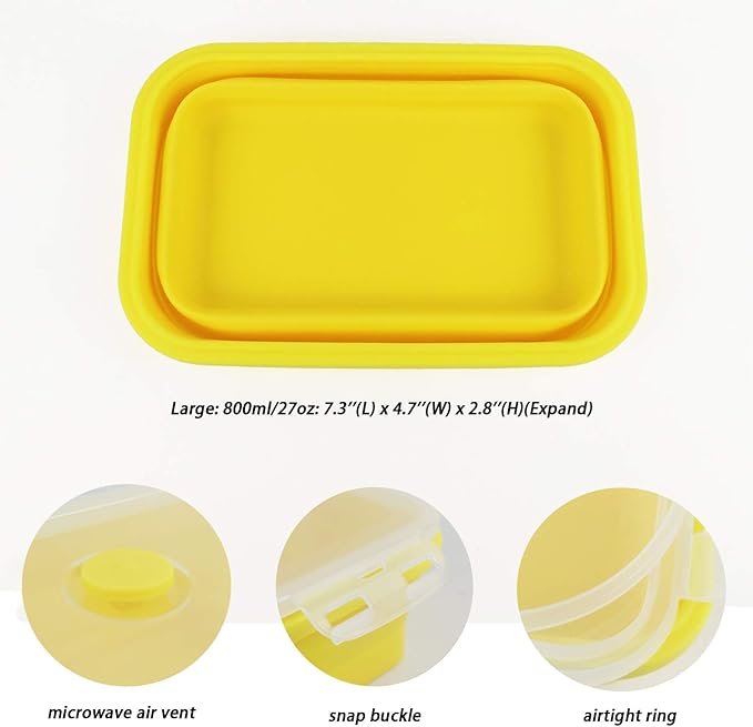 CCyanzi Set of 3 Yellow Collapsible Food Containers Collapsible Camping Bowl Silicone Storage Containers, Safe to Microwave and Freezer, 800ml