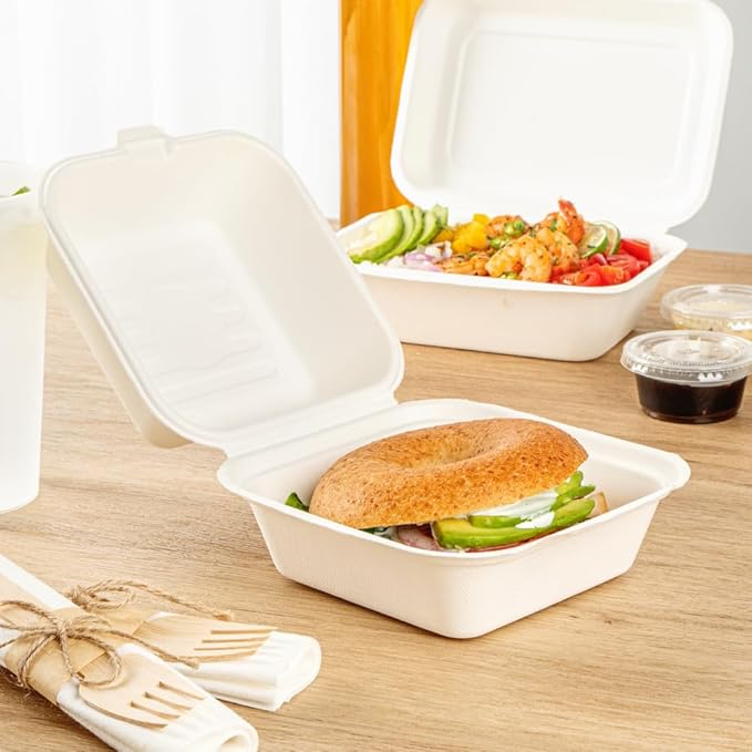 Restaurantware Pulp Safe No PFAS Added 15 Ounce Clamshell Boxes 100 Disposable Containers - Home Compostable Microwavable And Freezable White Bagasse Containers With Built-In Hinged Lid