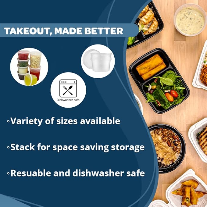 TIYA Takeout Food Containers - 32oz Bulk 240 Pack with Lids - Plastic Food Storage to-Go Containers - Reusable Microwavable Dishwasher Safe Takeout Cups - Airtight Leak Proof for Soups & Meal Prep