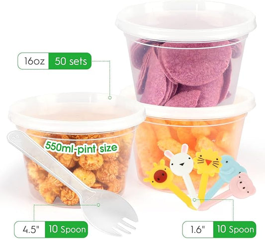 [50 Pack, 16oz] Food Storage Containers with Lids - BPA-Free | Airtight | Stackable Plastic Deli Containers (Includes 10 Spoons & 10 Forks), Dishwasher, Microwave & Freezer Safe
