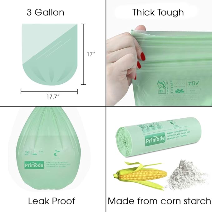 Compost Bags, Compostable Trash Bags 3 Gallon Compostable Bags 100 Count Small Compost Bags for Countertop bin Extra Thick 0.71 Mil. ASTM D6400 Certified By BPI and TÜV AUSTRIA