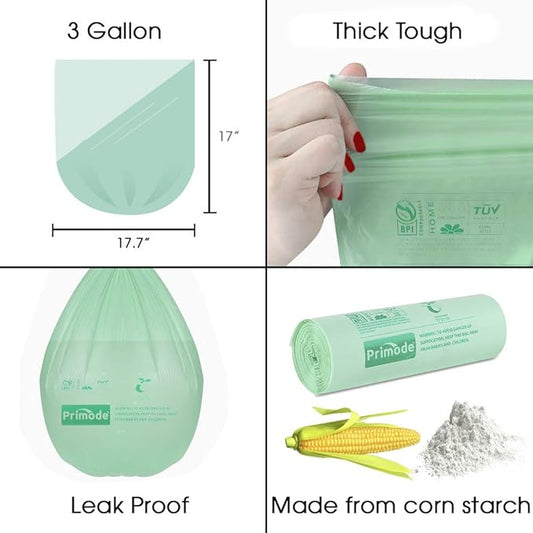 Compost Bags, Compostable Trash Bags 3 Gallon Compostable Bags 100 Count Small Compost Bags for Countertop bin Extra Thick 0.71 Mil. ASTM D6400 Certified By BPI and TÜV AUSTRIA