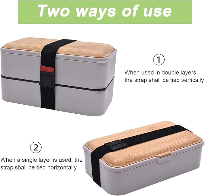 1200ML Bento Boxes, Japanese Lunch Boxes, 2 Stackable Food Containers,for Adults, Men&Women, with Nylon Sealing Strap,Built-In Reusable Cutlery,BPA Free,Bamboo Lid,Microwave Safe (GREY)