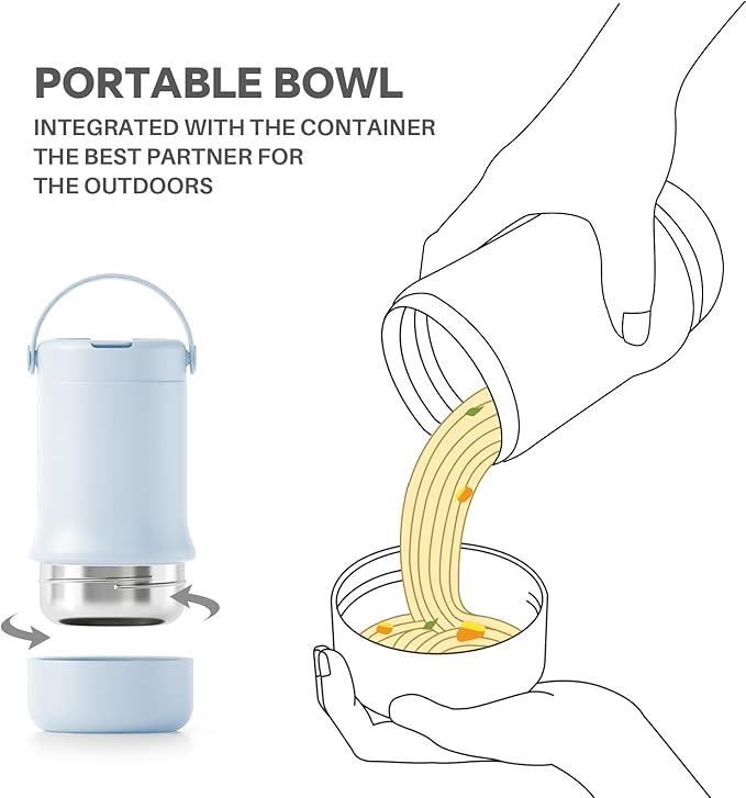 Ideus 20 oz Insulated Soup Thermo with Foldable Spolk and Bowl, All-in-one Stainless Steel Vacuum Thermal Food Jar for Lunch, Leakproof Bento Lunchbox Portable Soup Container (Light Blue)