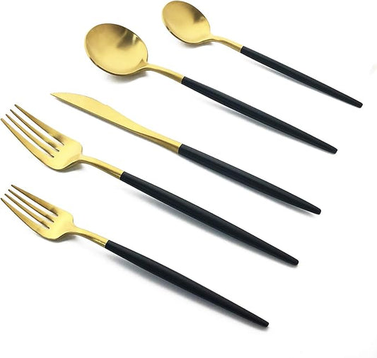 Silverware Set, Hand polished Matte Gold Black Flatware Cutlery Set Service for 2, Satin Finish 10 Pieces 18/10 Stainless Steel Utensils Set for Home and Restaurant, Dishwasher Safe