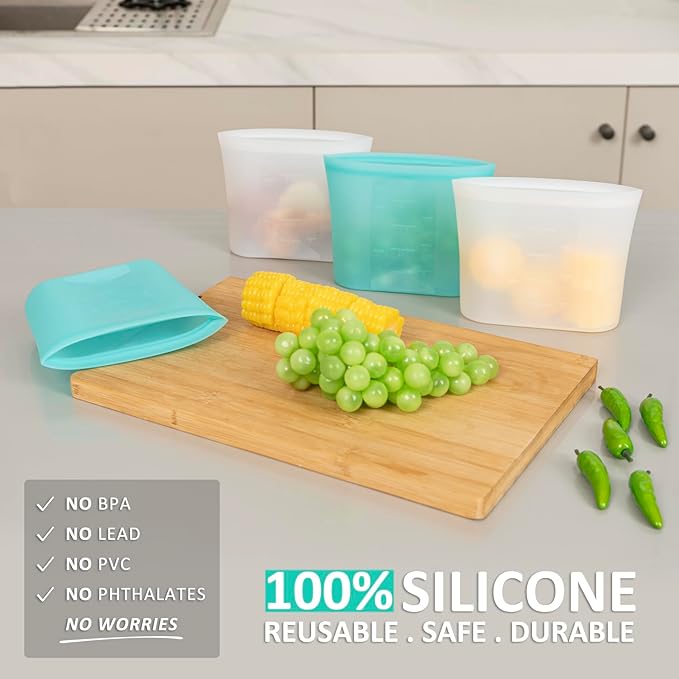 Reusable Snack Bags, 4 Pack, Stand Up 100% Silicone Reusable Storage Bag, Ziplock Silicone Food Storage Containers Snack Size, Freezer Microwave Oven Dishwasher Safe, Aqua+Translucent, 16oz