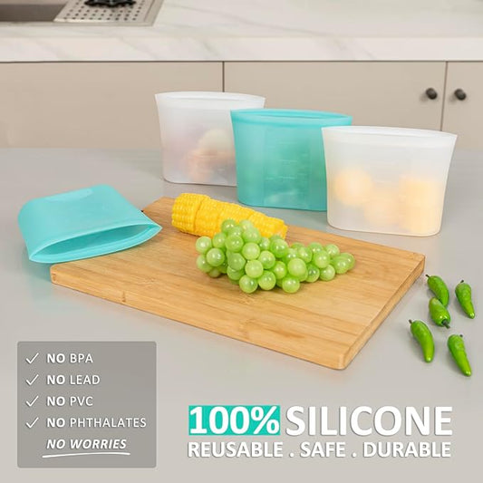 Reusable Snack Bags, 4 Pack, Stand Up 100% Silicone Reusable Storage Bag, Ziplock Silicone Food Storage Containers Snack Size, Freezer Microwave Oven Dishwasher Safe, Aqua+Translucent, 16oz