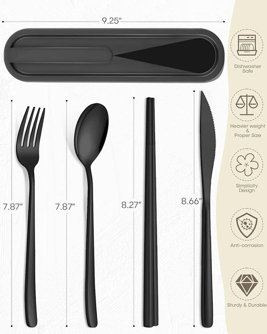 Travel Utensils with Case, PHILIPALA 2 Sets 18/8 Stainless Steel Reusable Utensils Set with Case, Travel Cutlery Set with Knife Fork and Spoon Chopsticks Set for Lunch Work Camping (Black, Black)
