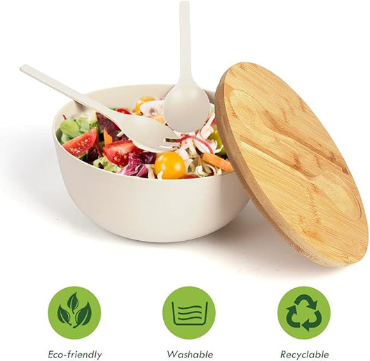 ShineMe Large Salad Bowl with Lid, Bamboo Fiber Salad Serving Bowl Set with Utensils, 9.8inches Mixing Bowl with Servers, Solid Bamboo Wooden Bowl for Salad, Fruits, Vegetables and Pasta(White)