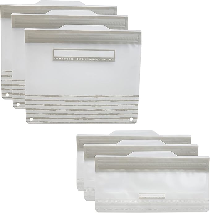 Kitchen Details 6 Piece Set Reusable Bags | 3 Sandwich and 3 Snack Sized | Airtight Zipper Seal | Leak Proof | BPA Free | Food Safe Material | Food Storage | Freezer Safe | Grey