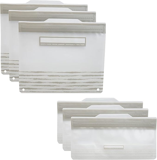 Kitchen Details 6 Piece Set Reusable Bags | 3 Sandwich and 3 Snack Sized | Airtight Zipper Seal | Leak Proof | BPA Free | Food Safe Material | Food Storage | Freezer Safe | Grey