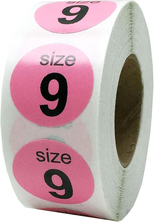 Shoe Size 9 Pink Stickers for Retail Clothing – 3/4 Inch Round, 500 Semi-Gloss Adhesive Labels Per Roll for Footwear Inventory, Organization, and Display – Made in The USA