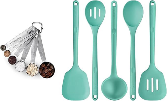 18/8 Stainless Steel Measuring Spoons Set for Dry and Liquid Ingredients (Set of 6), and 600℉ Heat Proof BPA-Free Solid/Slotted Sturdy Cooking Utensil Set of 5 for Non Stick Cookware, Aqua Sky