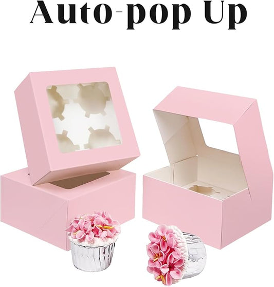 qiqee Auto-pop Up 4 Cupcake Boxes with Window Pink 30 Packs Cupcake Box 6.3"x6.3"x3" Bakery Boxes For Cupcakes Carrier, Cupcake Containers