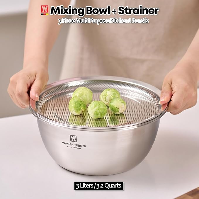 Stainless Steel Mixing Bowl Set (3-Piece) – Multifunctional Food Prep & Baking Tools with Strainer and Serving Tray, Oil Drain Tray, Nesting Storage, Easy Measurement Marks (9.45 Inch)