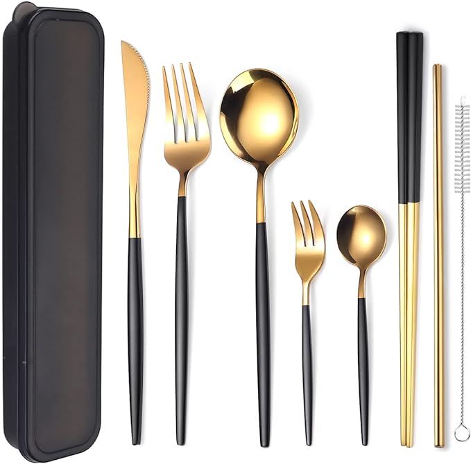 AARAINBOW 8 Pieces Stainless Steel Flatware Set Portable Reusable Cutlery Set Travel Utensils Set Including Chopsticks Knife Fork Spoon Straws Cleaning Brush Dishwasher Safe (Black Golden)